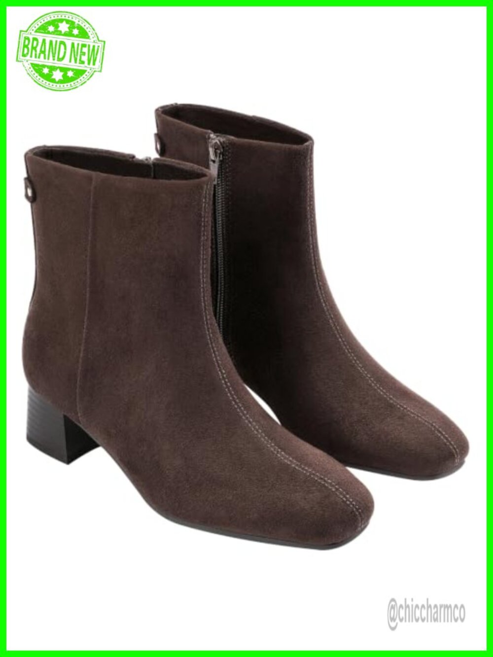 Wide Width Ankle Boots Square Toe Low Chunky Block Heel Faux Suede Women's